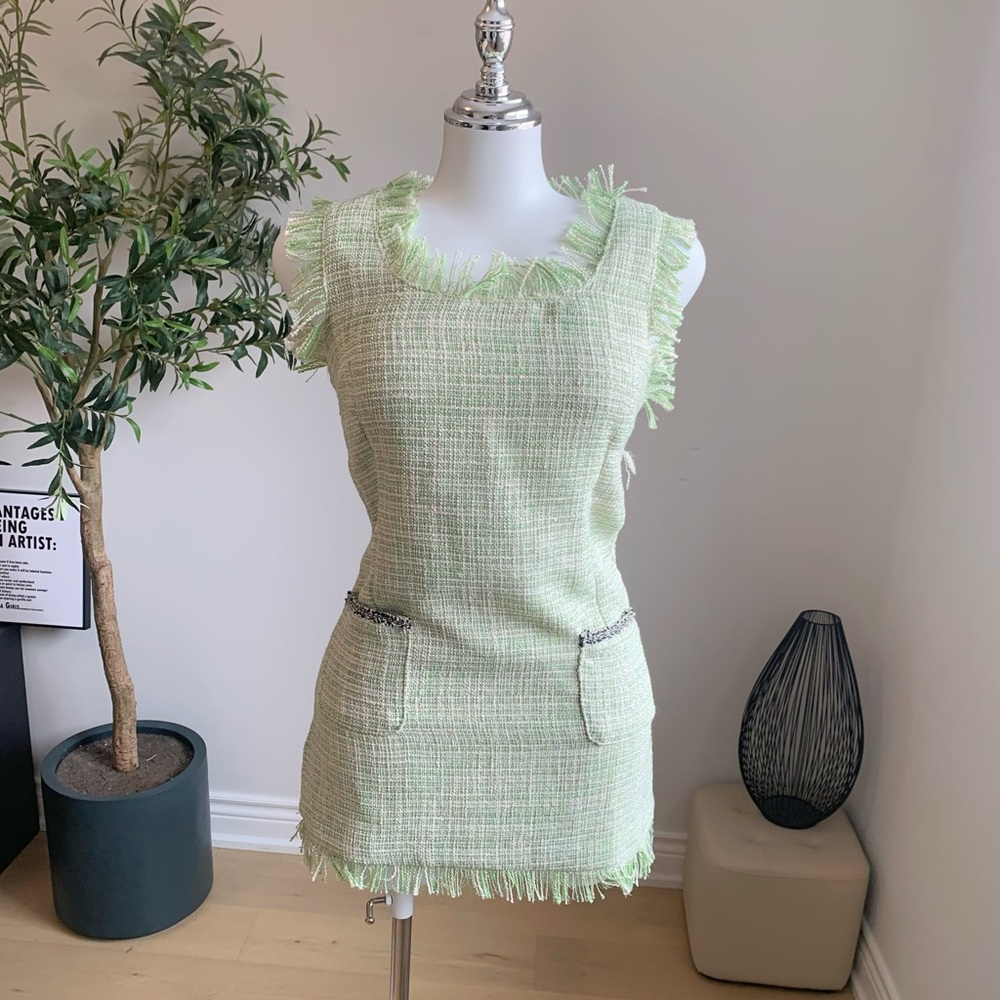 Mint Green Tweed Fringe Mini Dress S NWT